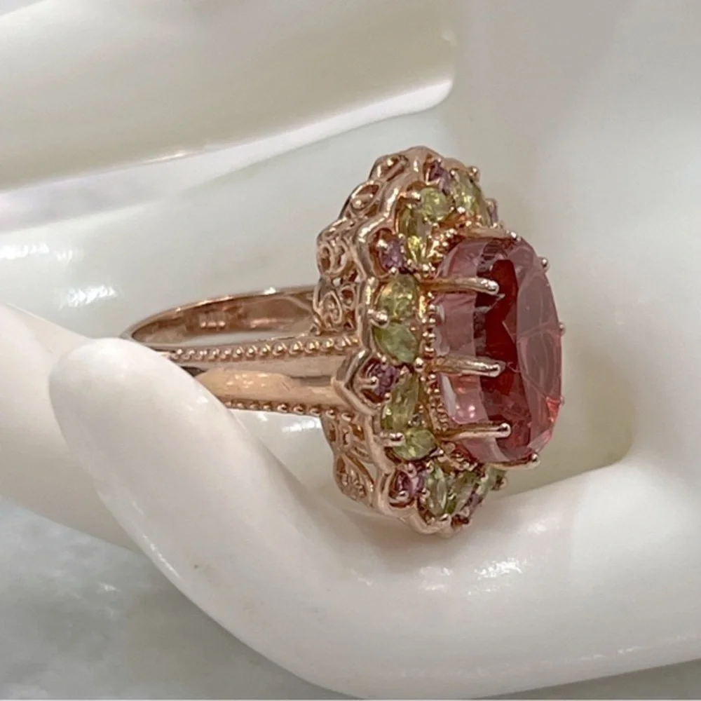Salmon Quartz Multigemstone 14K RG Sterling Silver Cocktail Statement Ri… - Picture 5 of 10